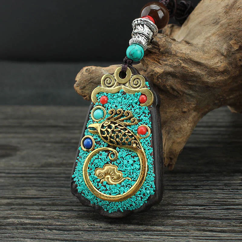 Buddha Stones Tibet Dio della Ricchezza Albero dei Soldi Fenice Dorata Thangka Ebano Collana Pendente della Pace - Image 14