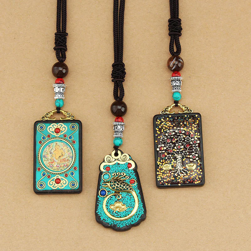 Buddha Stones Tibet Dio della Ricchezza Albero dei Soldi Fenice Dorata Thangka Ebano Collana Pendente della Pace - Image 17