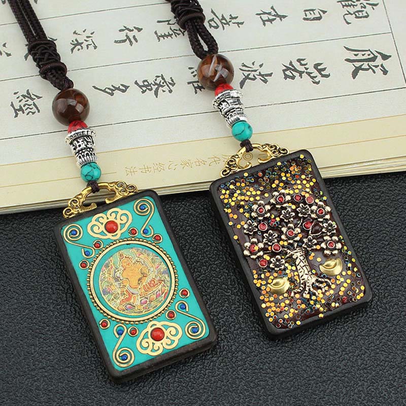 Buddha Stones Tibet Dio della Ricchezza Albero dei Soldi Fenice Dorata Thangka Ebano Collana Pendente della Pace - Image 2