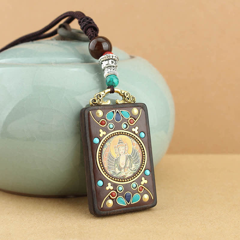 Buddha Stones Tibet Dio della Ricchezza Thangka Ebano Collana Pendente della Pace - Image 10