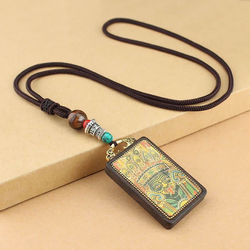 Buddha Stones Tibet Dio della Ricchezza Thangka Ebano Collana Pendente della Pace - Image 3