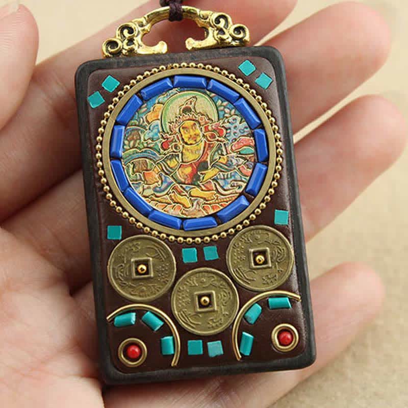 Buddha Stones Tibet Dio della Ricchezza Thangka Ebano Collana Pendente della Pace - Image 8