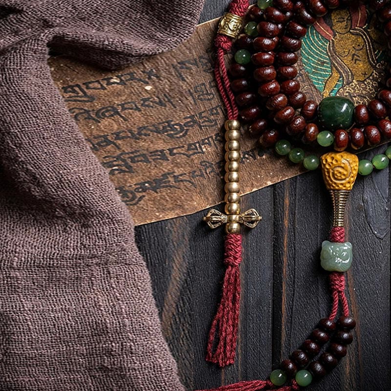 Buddha Stones Tibet naturale 108 Mala perline viola Bodhi Seed Hetian ciano giada rame Dorje braccialetto della pace - Image 5