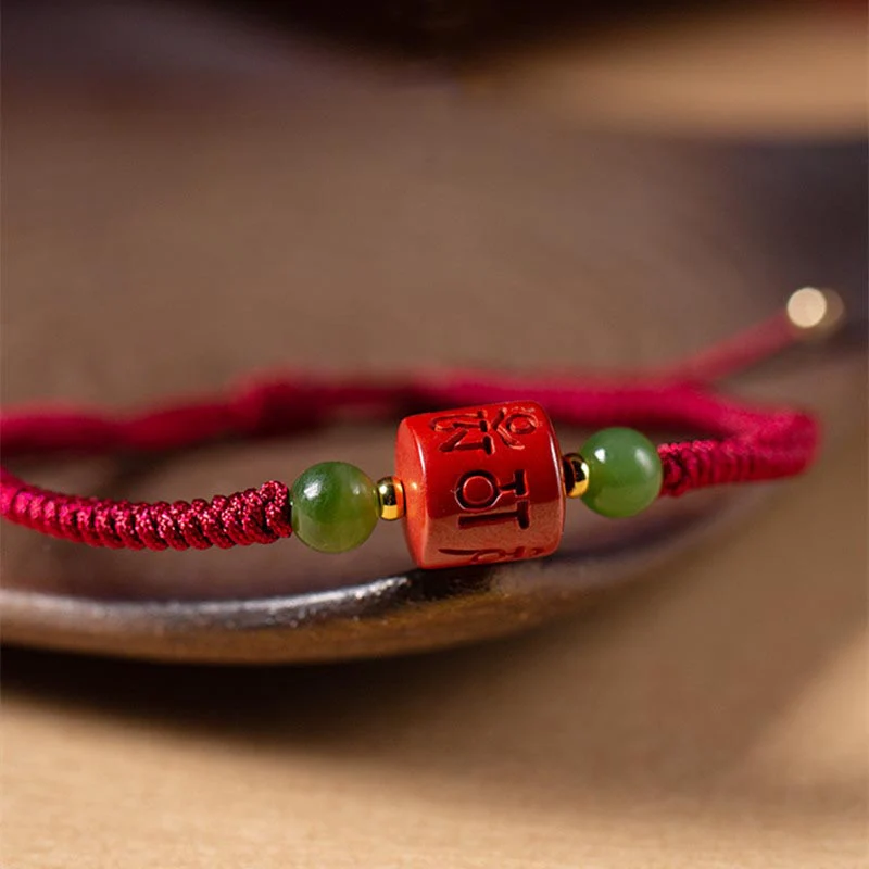 Buddha Stones Tibetam Cinnabar Om Mani Padme Hum Braccialetto di corda intrecciata con incisione di benedizione - Image 4