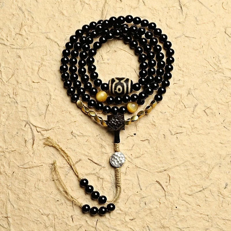 Buddha Stones Tibetano 108 Mala Beads Onice Nero Tre Occhi Dzi Beads Bracciale di Protezione - Image 13