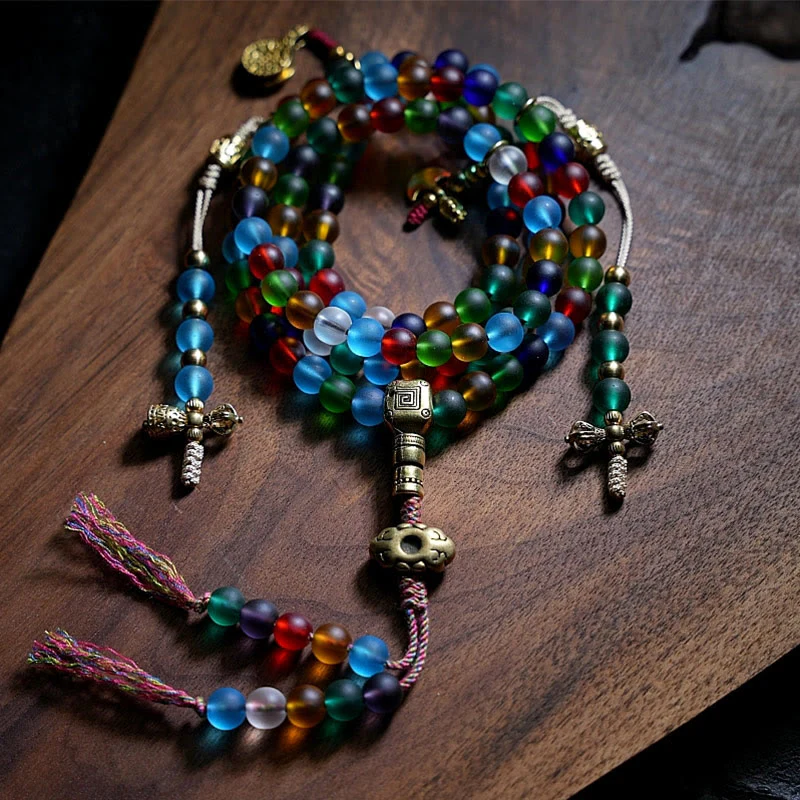 Buddha Stones Tibetano 108 Mala Perline Multicolore Liuli Perline di Vetro Zodiaco Cinese Nove Palazzi Otto Diagrammi Braccialetto con Ciondolo