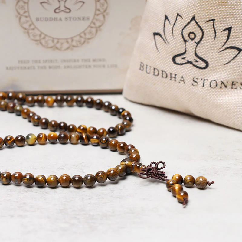 Buddha Stones Tibetano 108 Perle di Pietra Preghiera Occhio di Tigre Naturale Mala Bracciale Collana - Image 5