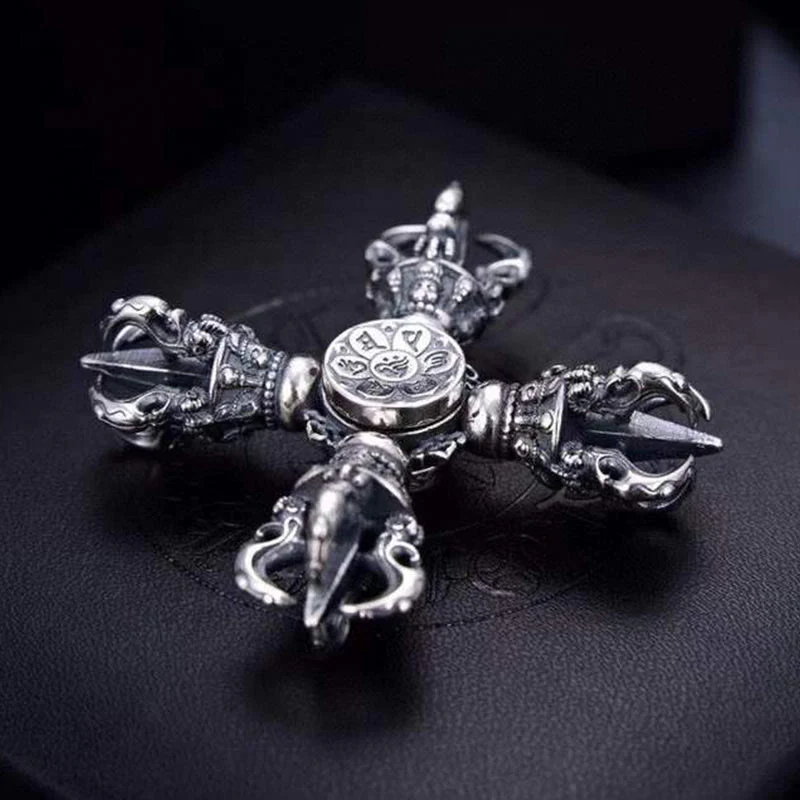 Buddha Stones Tibetano Argento Sterling 925 Doppio Dorje Vajra Inciso Ciondolo Potere Spirituale - Image 3