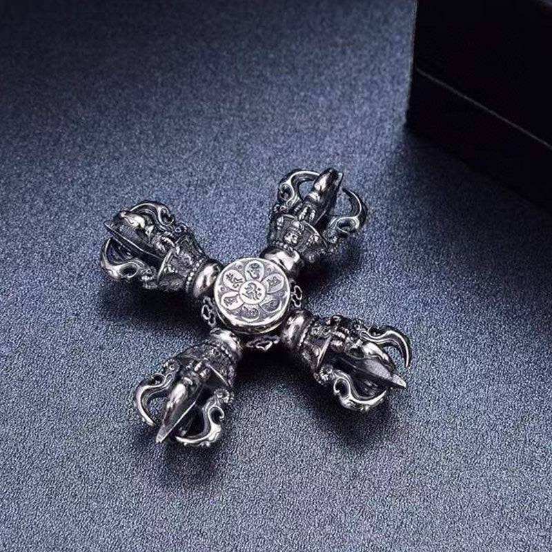 Buddha Stones Tibetano Argento Sterling 925 Doppio Dorje Vajra Inciso Ciondolo Potere Spirituale - Image 7