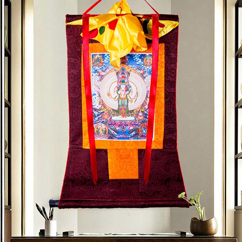 Buddha Stones Tibetano Avalokitesvara dalle mille mani con cornice Thangka Benedizione Decorazione - Image 5