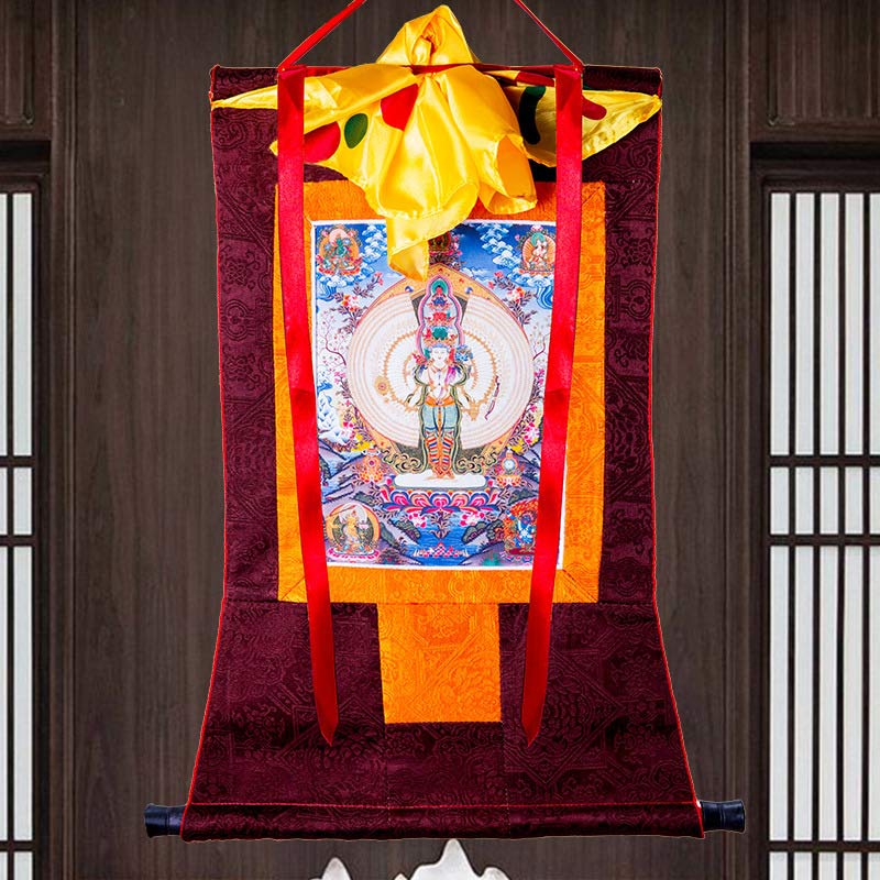 Buddha Stones Tibetano Avalokitesvara dalle mille mani con cornice Thangka Benedizione Decorazione - Image 9