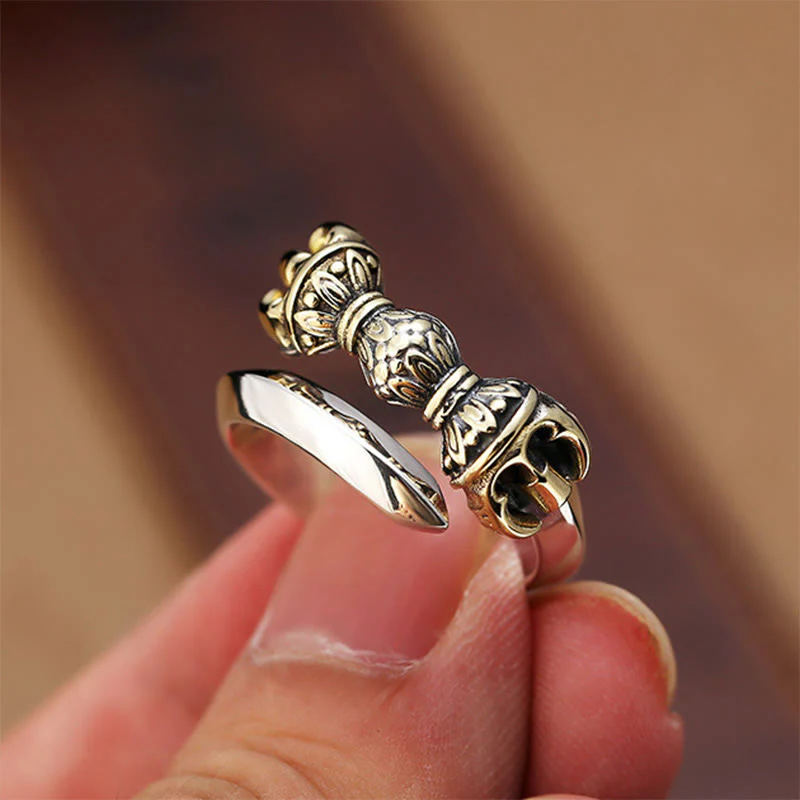 Buddha Stones Tibetano Dorje Vajra Inciso Design Rame Fortuna Ricchezza Anello Regolabile - Image 4