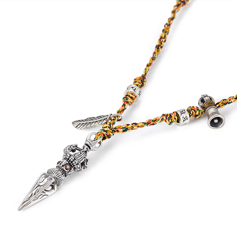 Buddha Stones Tibetano Fatto a Mano 925 Sterling Silver Dorje Vajra Om Mani Padme Hum Piuma Forza Collana Pendente - Image 8