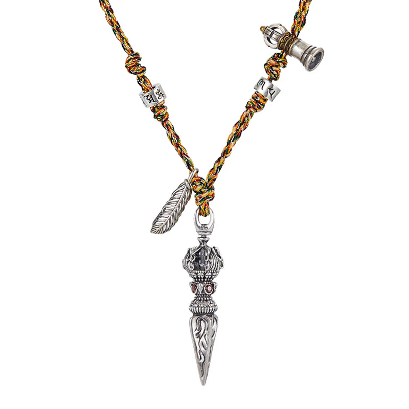 Buddha Stones Tibetano Fatto a Mano 925 Sterling Silver Dorje Vajra Om Mani Padme Hum Piuma Forza Collana Pendente - Image 9
