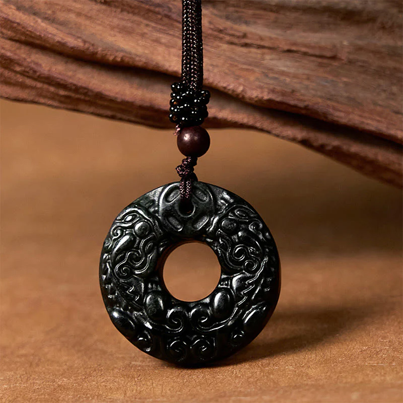 Buddha Stones Tibetano Nanyang Nero-Verde Giada PiXiu Fibbia della Pace Collana Pendente di Protezione