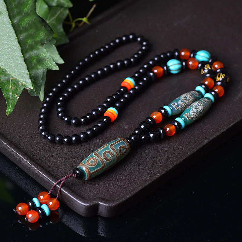 Buddha Stones Tibetano Nove Occhi Dzi Perline Drago Modello Om Mani Padme Hum Protezione Collana Pendente