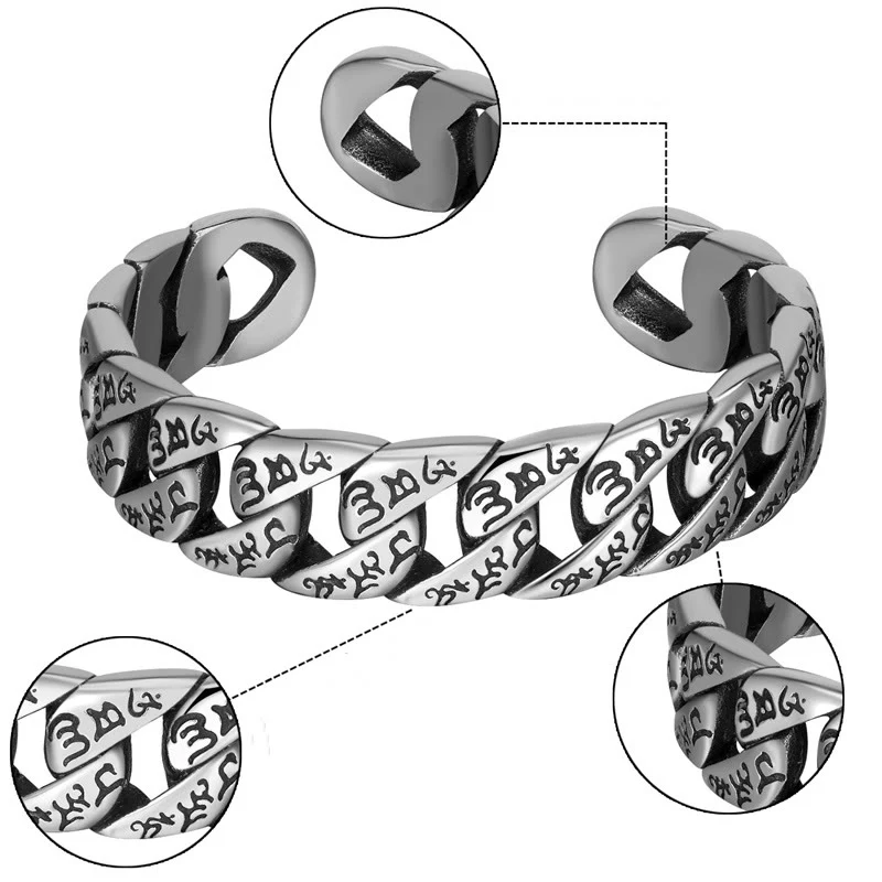 Buddha Stones Tibetano Om Mani Padme Hum Mantra Titanio Acciaio Pace Cuf Bracciale Bangle - Image 7