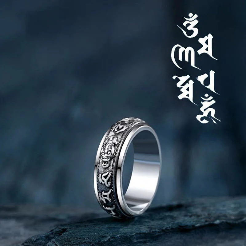 Buddha Stones Tibetano Om Mani Padme Hum PiXiu Inciso Ricchezza Fortuna Anello Rotante