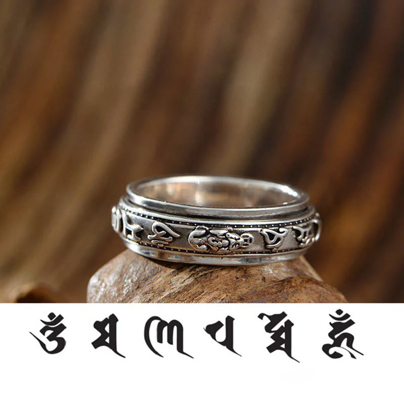 Buddha Stones Tibetano Om Mani Padme Hum PiXiu Inciso Ricchezza Fortuna Anello Rotante - Image 4