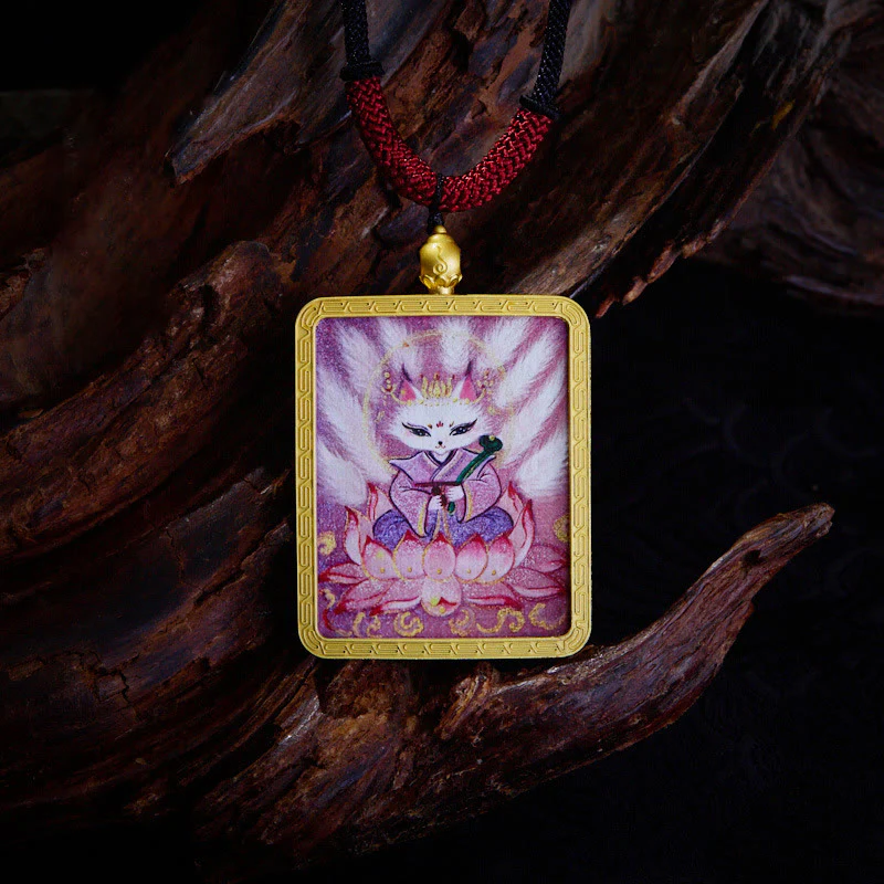 Buddha Stones, ciondolo con collana di Thangka dipinto a mano, ciondolo con zakiram tibetano, volpe a nove code, dio giallo della ricchezza - Image 2