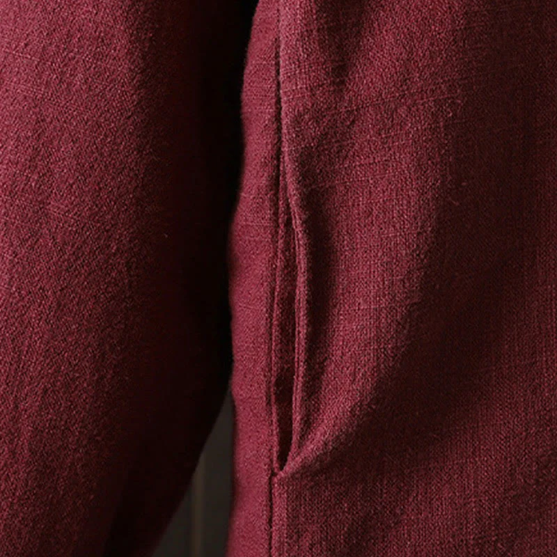 Giacca da donna in cotone e lino con collo alto e bottoni a rana, tinta unita, con motivo Buddha Stones. - Image 11