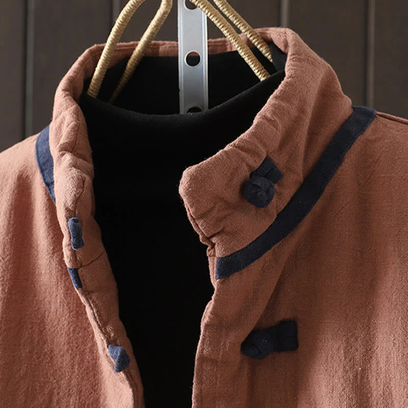 Giacca da donna in cotone e lino con collo alto e bottoni a rana, tinta unita, con motivo Buddha Stones. - Image 14