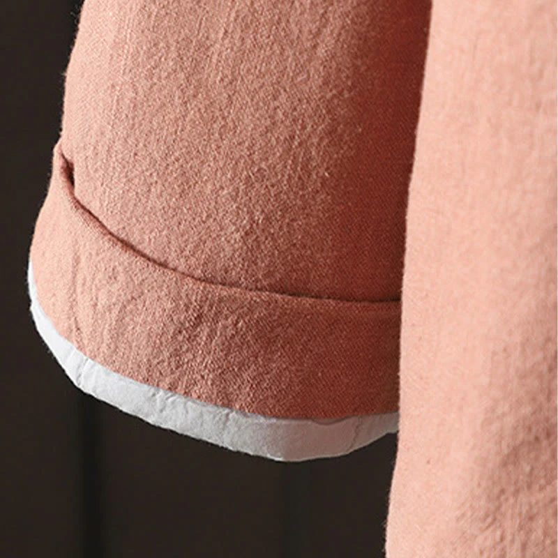 Giacca da donna in cotone e lino con collo alto e bottoni a rana, tinta unita, con motivo Buddha Stones. - Image 18