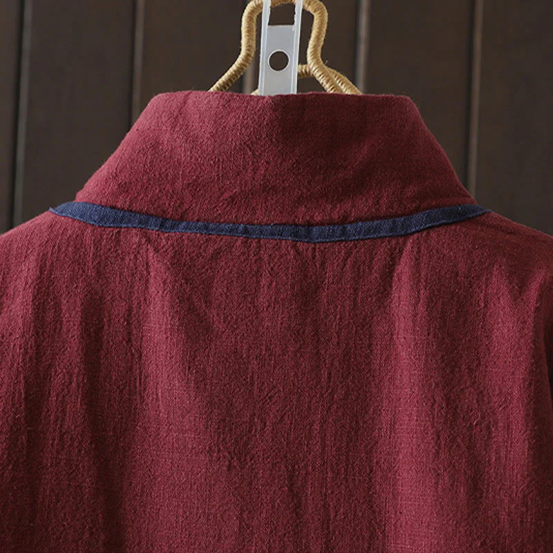 Giacca da donna in cotone e lino con collo alto e bottoni a rana, tinta unita, con motivo Buddha Stones. - Image 4