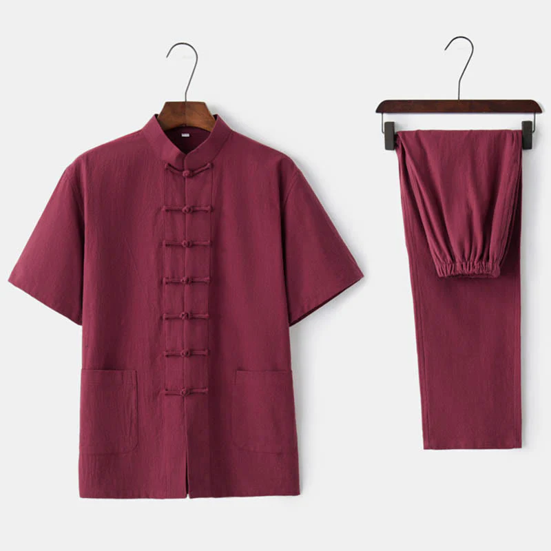Buddha Stones Tinta Unita Rana-Bottone Tang Suit Tradizionale Cotone Lino Manica Corta Top Pantaloni Abbigliamento Uomo Set - Image 10