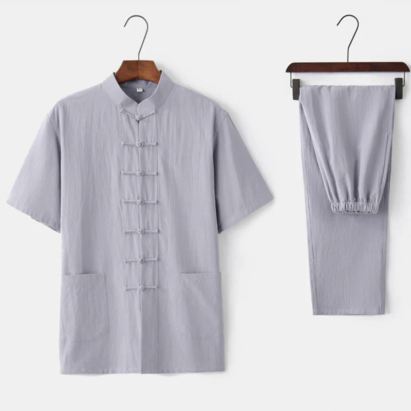 Buddha Stones Tinta Unita Rana-Bottone Tang Suit Tradizionale Cotone Lino Manica Corta Top Pantaloni Abbigliamento Uomo Set - Image 3