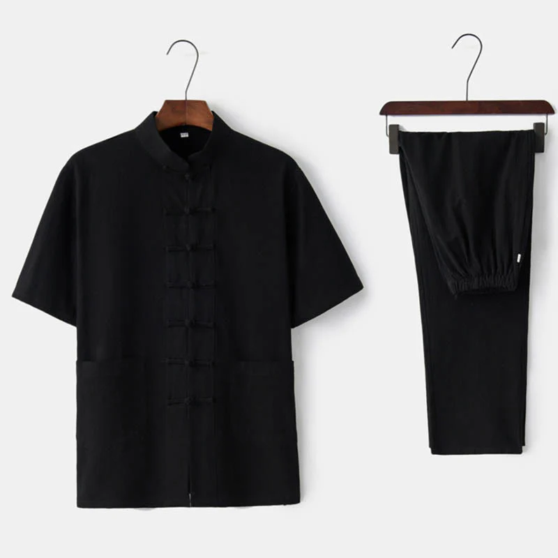 Buddha Stones Tinta Unita Rana-Bottone Tang Suit Tradizionale Cotone Lino Manica Corta Top Pantaloni Abbigliamento Uomo Set - Image 7