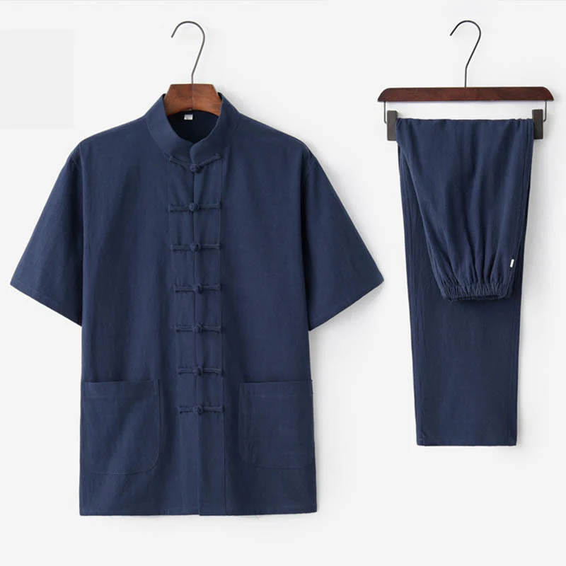 Buddha Stones Tinta Unita Rana-Bottone Tang Suit Tradizionale Cotone Lino Manica Corta Top Pantaloni Abbigliamento Uomo Set - Image 8