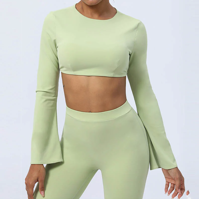 Buddha Stones Top senza spalline a maniche lunghe con reggiseno e pantaloni svasati, completo fitness e yoga - Image 11