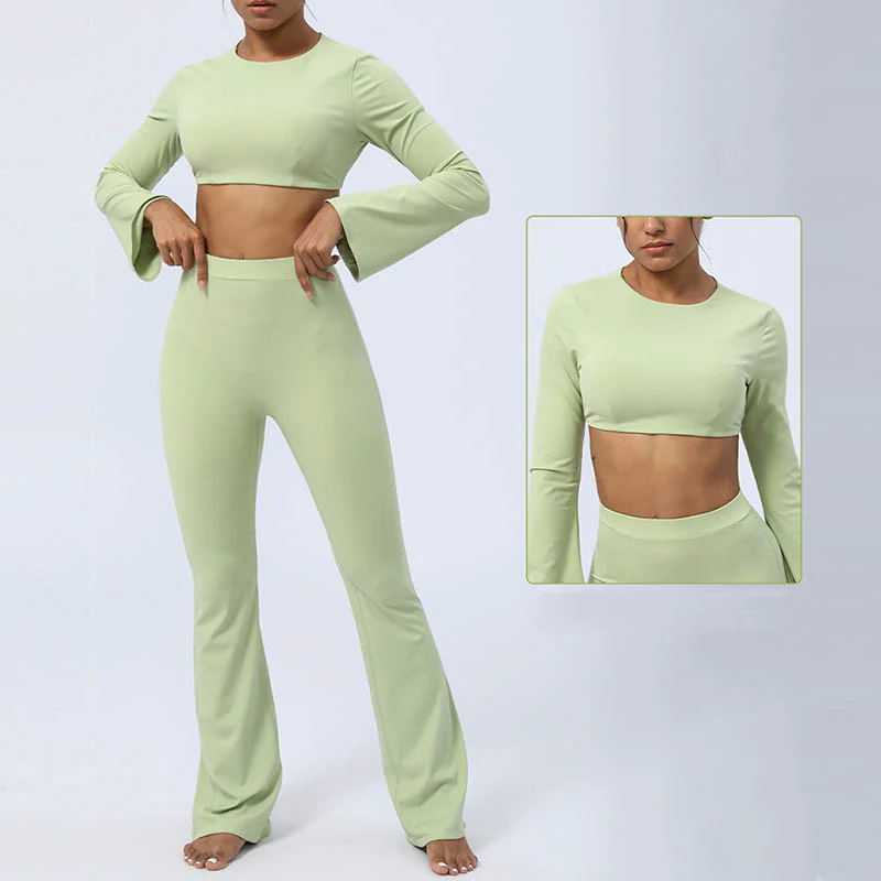 Buddha Stones Top senza spalline a maniche lunghe con reggiseno e pantaloni svasati, completo fitness e yoga - Image 13