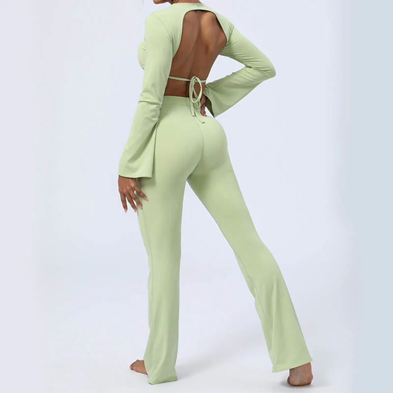Buddha Stones Top senza spalline a maniche lunghe con reggiseno e pantaloni svasati, completo fitness e yoga - Image 14