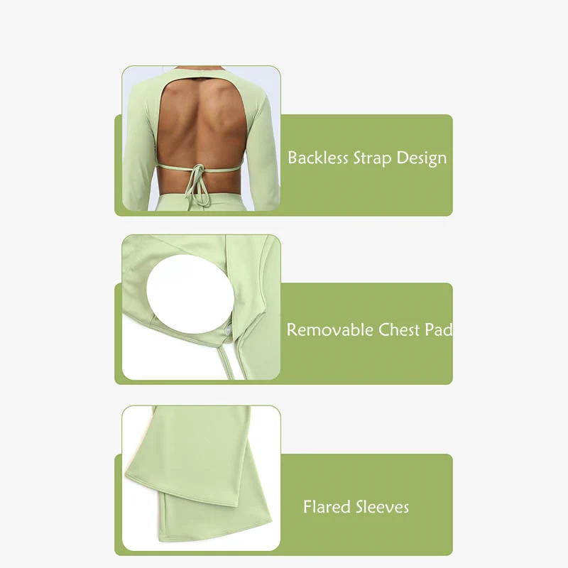 Buddha Stones Top senza spalline a maniche lunghe con reggiseno e pantaloni svasati, completo fitness e yoga - Image 16
