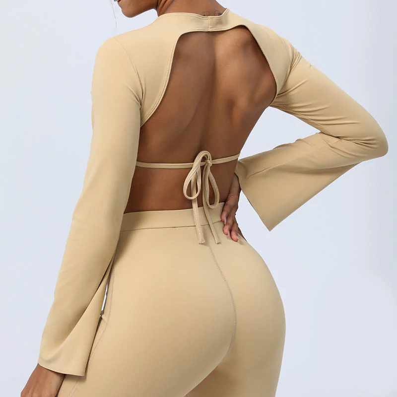 Buddha Stones Top senza spalline a maniche lunghe con reggiseno e pantaloni svasati, completo fitness e yoga - Image 23