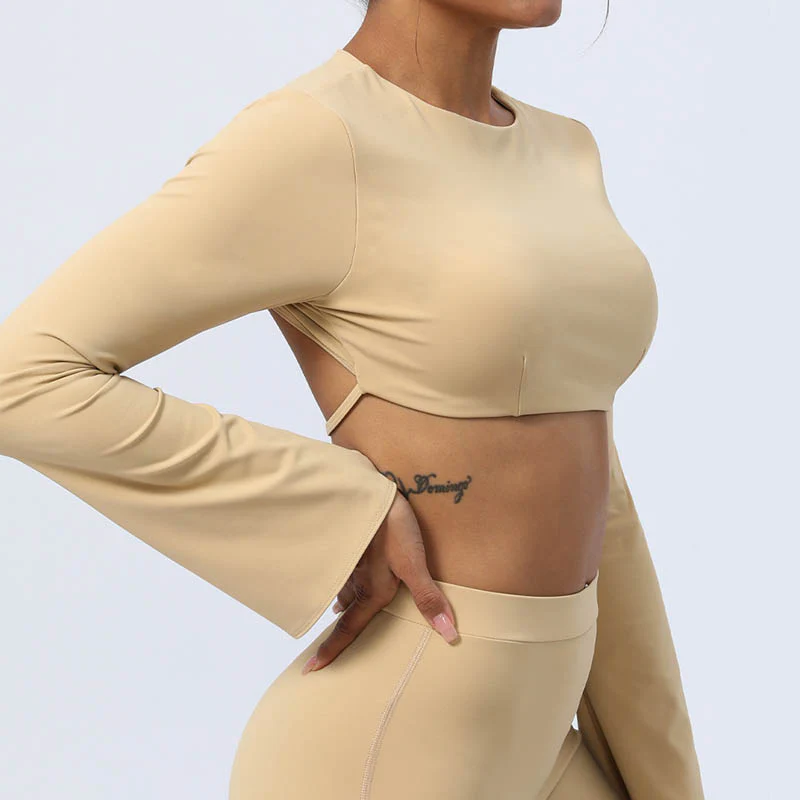 Buddha Stones Top senza spalline a maniche lunghe con reggiseno e pantaloni svasati, completo fitness e yoga - Image 24