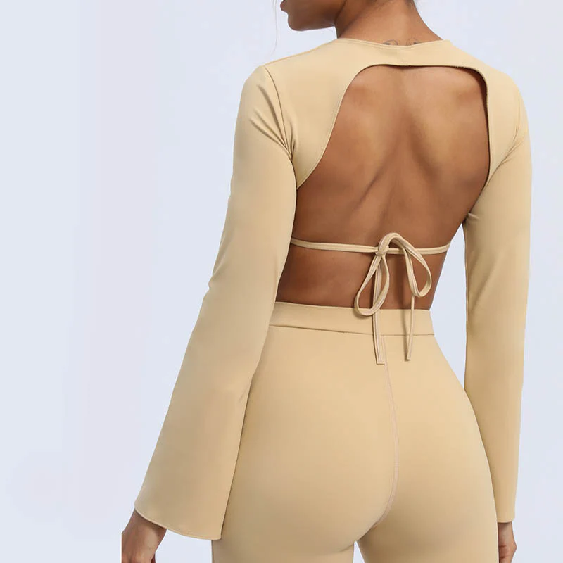 Buddha Stones Top senza spalline a maniche lunghe con reggiseno e pantaloni svasati, completo fitness e yoga - Image 26
