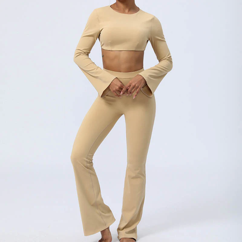 Buddha Stones Top senza spalline a maniche lunghe con reggiseno e pantaloni svasati, completo fitness e yoga - Image 28