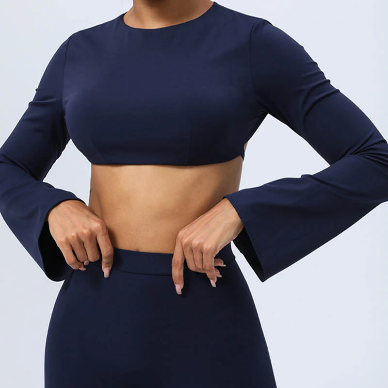 Buddha Stones Top senza spalline a maniche lunghe con reggiseno e pantaloni svasati, completo fitness e yoga - Image 34