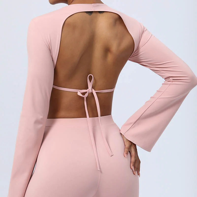 Buddha Stones Top senza spalline a maniche lunghe con reggiseno e pantaloni svasati, completo fitness e yoga - Image 40