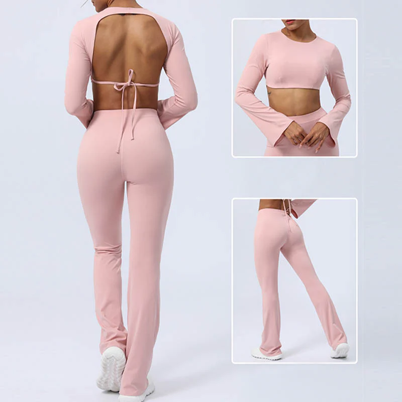 Buddha Stones Top senza spalline a maniche lunghe con reggiseno e pantaloni svasati, completo fitness e yoga - Image 43