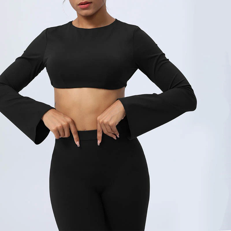 Buddha Stones Top senza spalline a maniche lunghe con reggiseno e pantaloni svasati, completo fitness e yoga - Image 49
