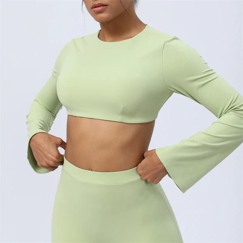 Buddha Stones Top senza spalline a maniche lunghe con reggiseno e pantaloni svasati, completo fitness e yoga - Image 9