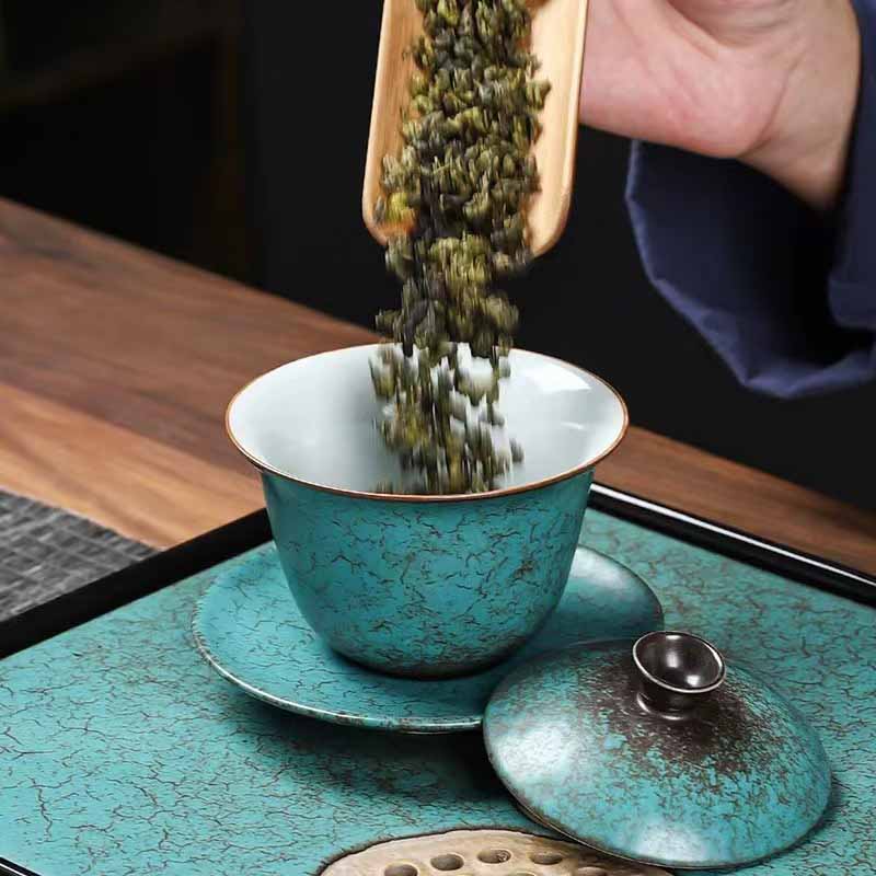 Buddha Stones tradizionale pino verde ceramica Gaiwan Sancai tazza da tè Kung Fu tazza da tè e piattino con coperchio - Image 11