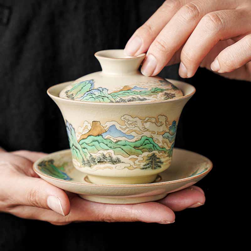Buddha Stones Un panorama di fiumi e montagne Fiori Gaiwan in ceramica Sancai Tazza da tè Tazza da tè Kung Fu e piattino con coperchio