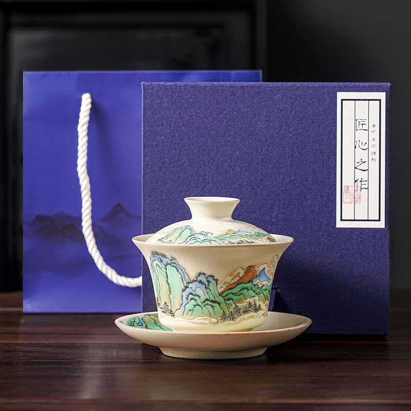 Buddha Stones Un panorama di fiumi e montagne Fiori Gaiwan in ceramica Sancai Tazza da tè Tazza da tè Kung Fu e piattino con coperchio - Image 10