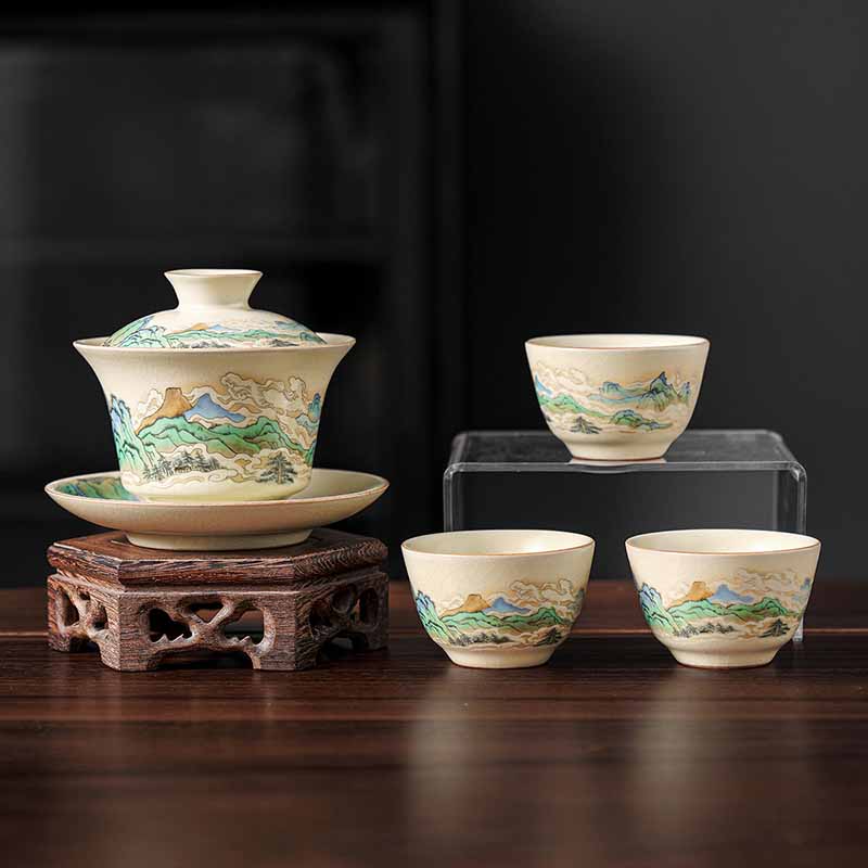Buddha Stones Un panorama di fiumi e montagne Fiori Gaiwan in ceramica Sancai Tazza da tè Tazza da tè Kung Fu e piattino con coperchio - Image 14