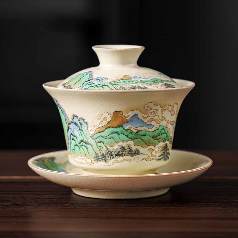 Buddha Stones Un panorama di fiumi e montagne Fiori Gaiwan in ceramica Sancai Tazza da tè Tazza da tè Kung Fu e piattino con coperchio - Image 2